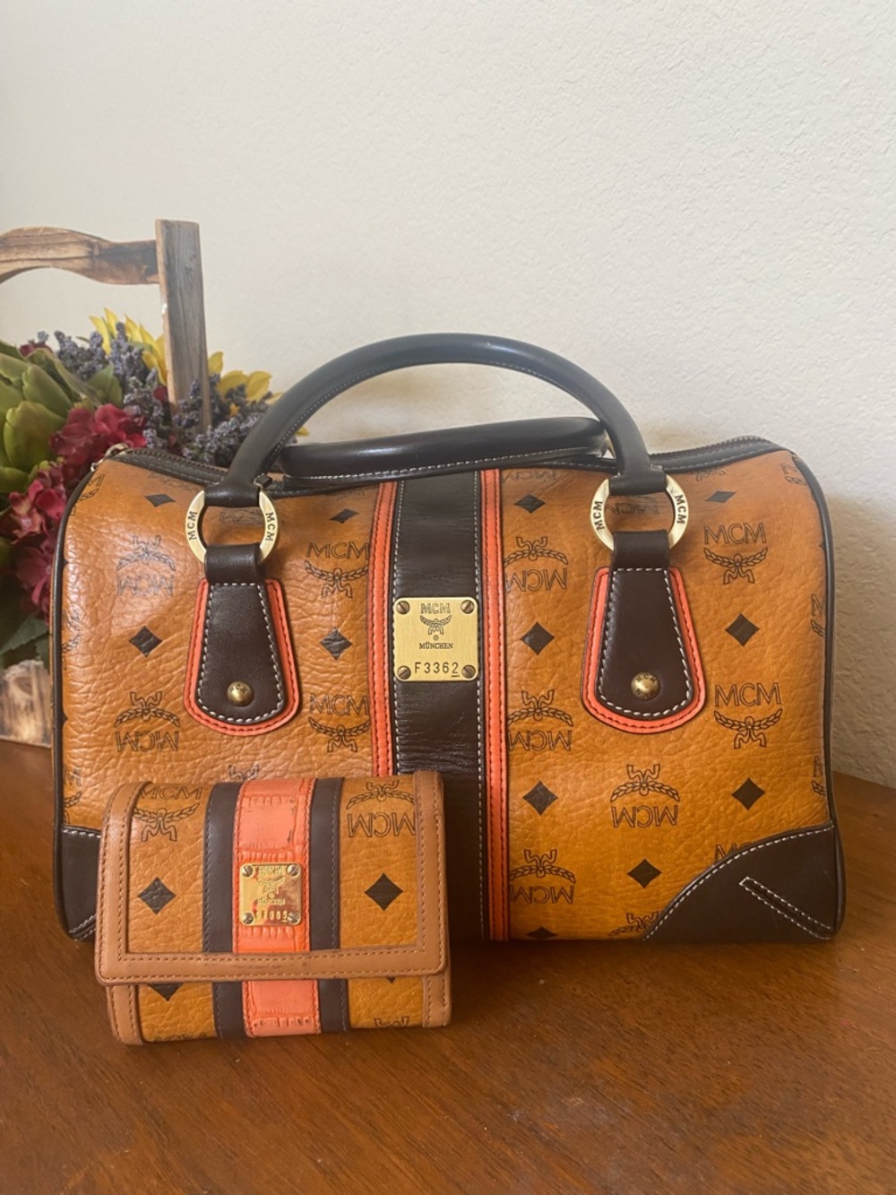 MCM Cognac Visetos Medium Boston Handbag With FREE Wallet - Picture 3 of 15